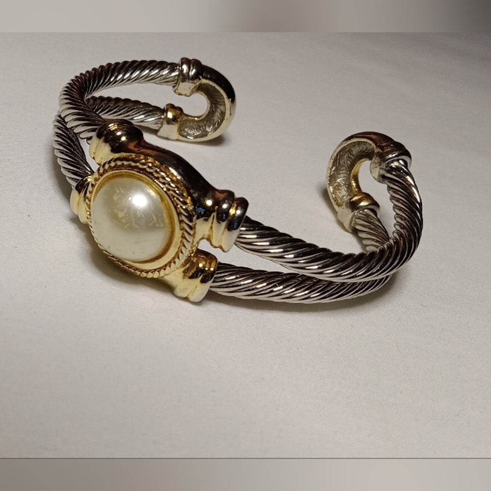 Gold Tone and Silver Bracelet With Faux Pearl focal point
